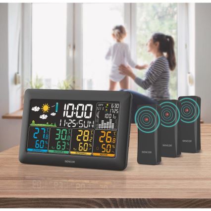 Sencor - Vremenska postaja z barvnim LCD-zaslonom + 3 senzorji 3xAA + 6xAA črna