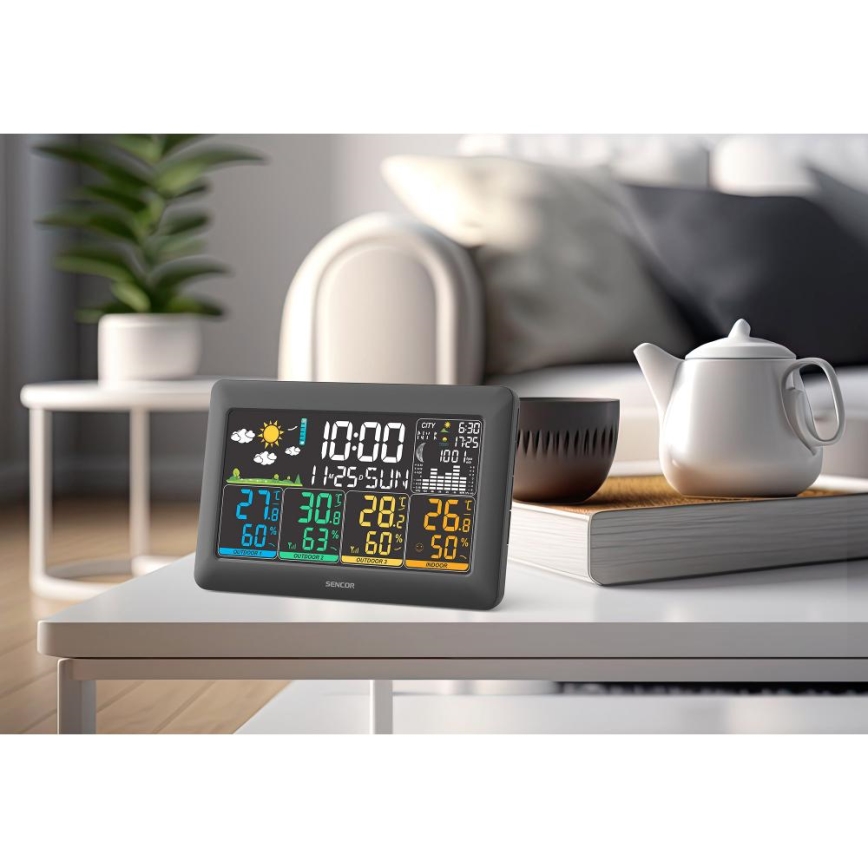 Sencor - Vremenska postaja z barvnim LCD-zaslonom + 3 senzorji 3xAA + 6xAA črna