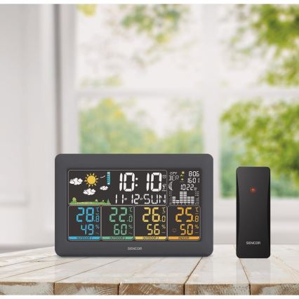 Sencor - Vremenska postaja z barvnim LCD-zaslonom + 3 senzorji 3xAA + 6xAA črna