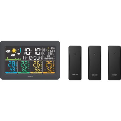 Sencor - Vremenska postaja z barvnim LCD-zaslonom + 3 senzorji 3xAA + 6xAA črna