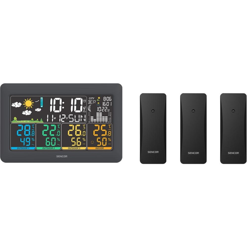 Sencor - Vremenska postaja z barvnim LCD-zaslonom + 3 senzorji 3xAA + 6xAA črna