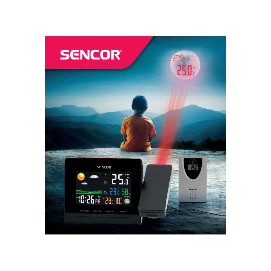 Sencor - Vremenska postaja z barvnim LCD zaslonom, alarmom in projektorjem 2xAA