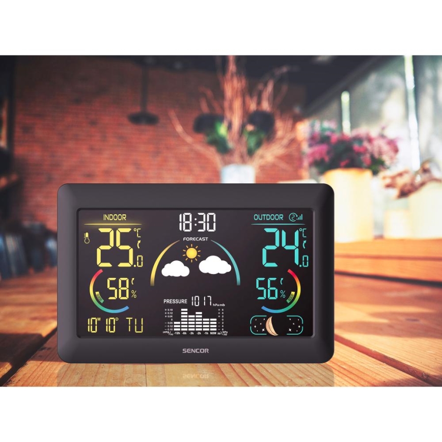 Sencor - Vremenska postaja z barvnim LCD zaslonom in budilko 3xAA