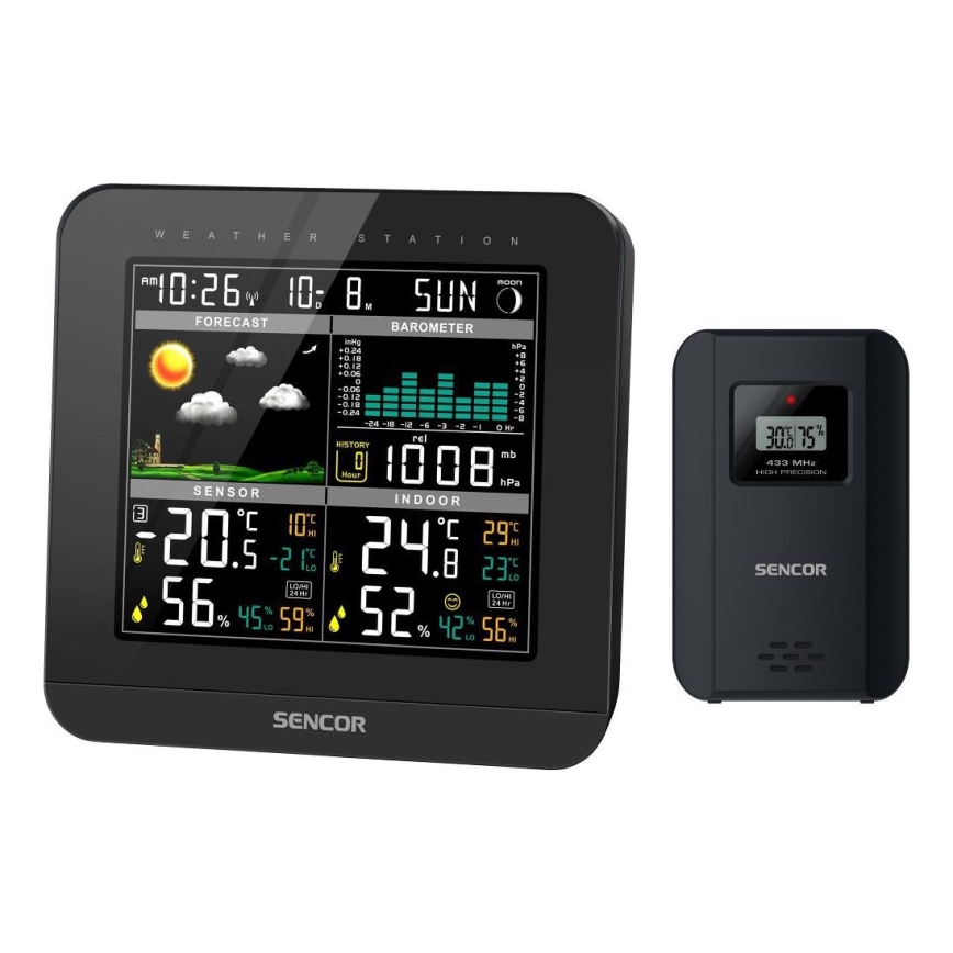 Sencor - Vremenska postaja z barvo LCD zaslonom in budilko 3xAAA črna