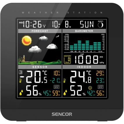 Sencor - Vremenska postaja z barvo LCD zaslonom in budilko 3xAAA črna