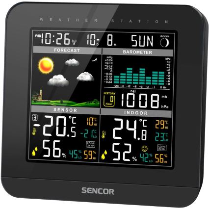 Sencor - Vremenska postaja z barvo LCD zaslonom in budilko 3xAAA črna