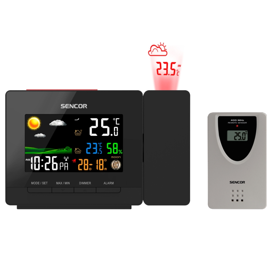 Sencor - Vremenska postaja z barva LCD display, budilka in projektor 2xAA + 2xAAA