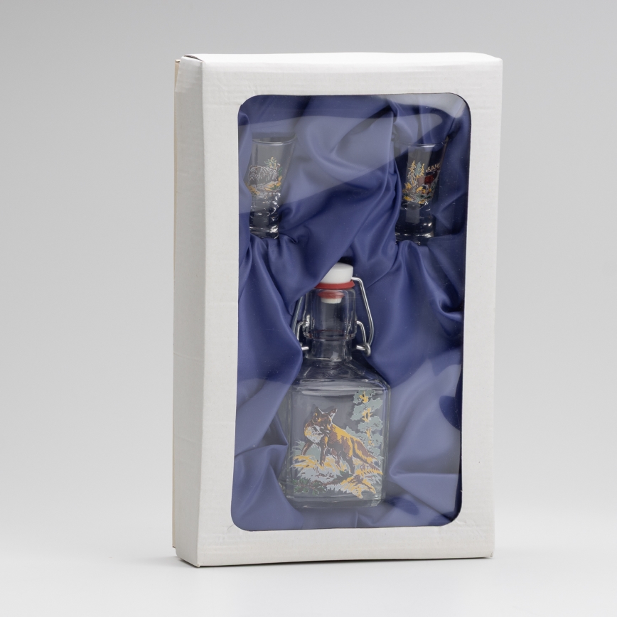 Set 1x steklenica in 2x Majhni kozarci prozorna s lisica motif