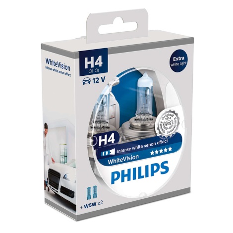 SET 2x Avto žarnica Philips WHITEVISION 12342WHVSM H4 PX26d/60W/55W/12V 3700K + 2 pozicijski žarnici