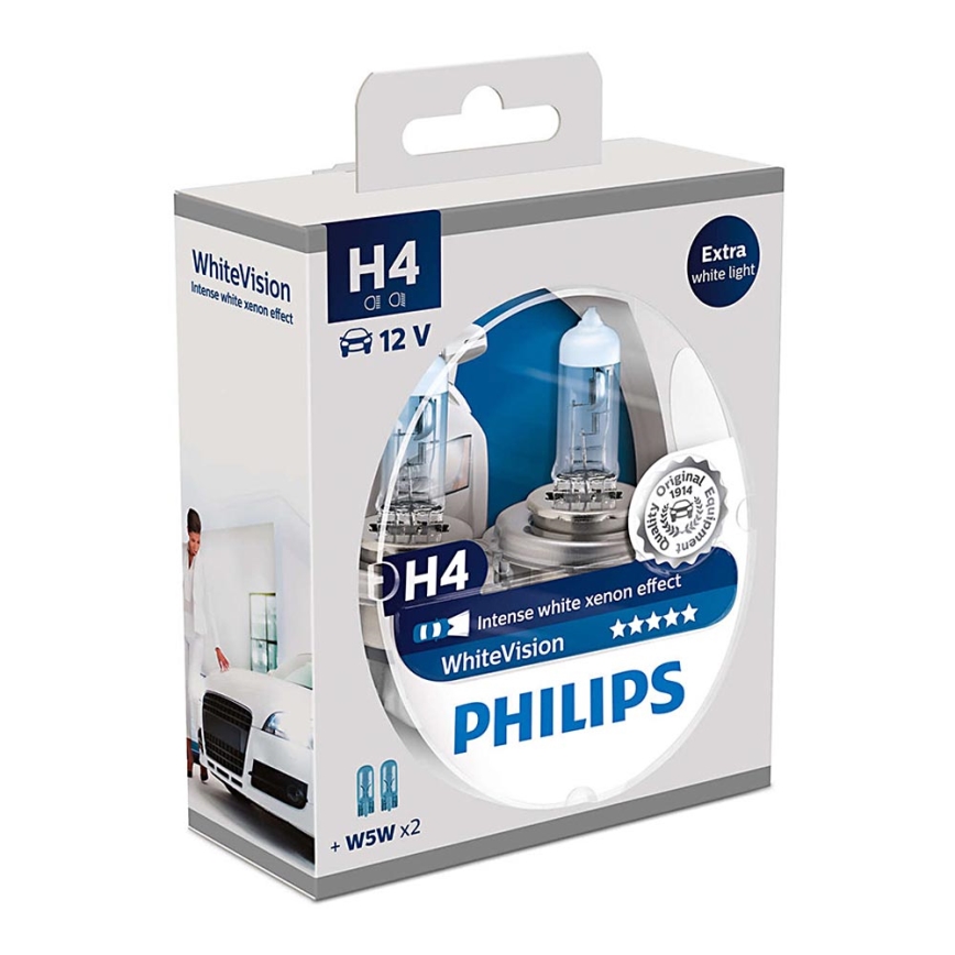 SET 2x Avto žarnica Philips WHITEVISION 12342WHVSM H4 PX26d/60W/55W/12V 3700K + 2 pozicijski žarnici