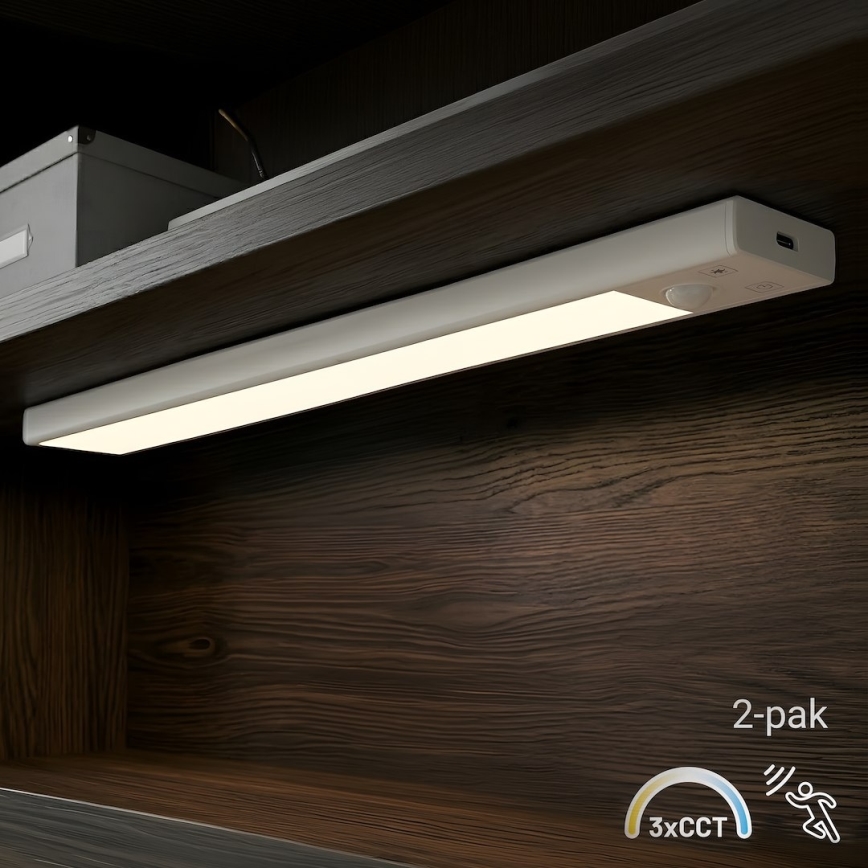 Komplet 2x polnilna LED osvetlitev za pohištvo z senzorjem gibanja in senzorjem mraka VIRO LED/1,2W/3,7V 800 mAh 3000/4000/6500K 30 cm bela