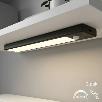Komplet 2 kosov polnilne LED osvetlitve za pohištvo s senzorjem gibanja in senzorjem mraka VIRO LED/1W/3,7V 800 mAh 3000/4000/6500K 20 cm črna
