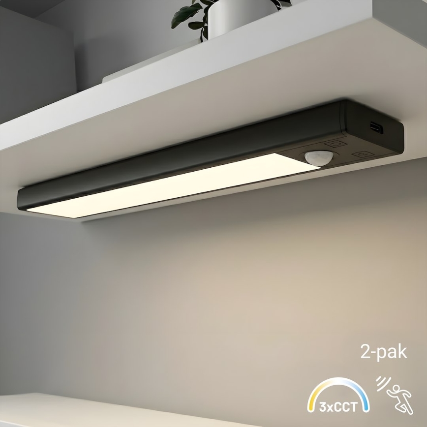Komplet 2 kosov polnilne LED osvetlitve za pohištvo s senzorjem gibanja in senzorjem mraka VIRO LED/1W/3,7V 800 mAh 3000/4000/6500K 20 cm črna