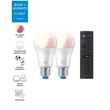 SET 2x LED RGBW Zatemnitvena žarnica A60 E27/8,5W/230V 2200-6500K Wi-Fi + Daljinski upravljalnik - WiZ