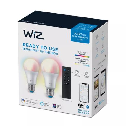 SET 2x LED RGBW Zatemnitvena žarnica A60 E27/8,5W/230V 2200-6500K Wi-Fi + Daljinski upravljalnik - WiZ