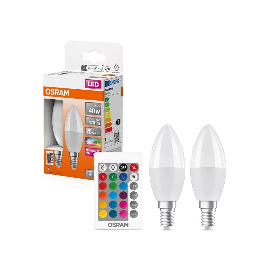 SET 2x LED RGBW Zatemnitvena žarnica B38 E14/4,9W/230V 2700K + Daljinski upravljalnik - Osram