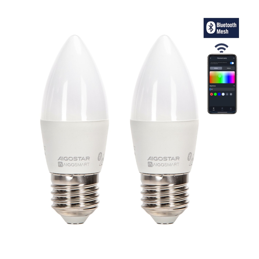 SET 2x LED RGBW Zatemnitvena žarnica MESH Pametni C37 E27/6,5W/230V 2700-6500K + Daljinski upravljalnik - Aigostar