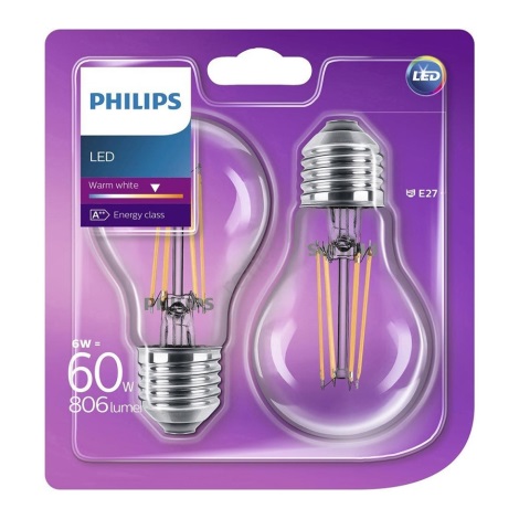 SET 2x LED Žarnica E27/6W/230V 2700K - Philips