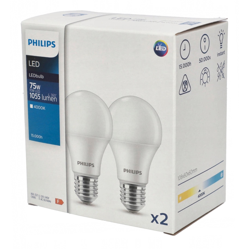 SET 2x LED Žarnica Philips A60 E27/10W/230V 4000K