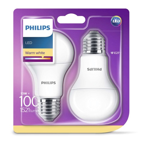 SET 2x LED Žarnica Philips E27/13W/230V 2700K