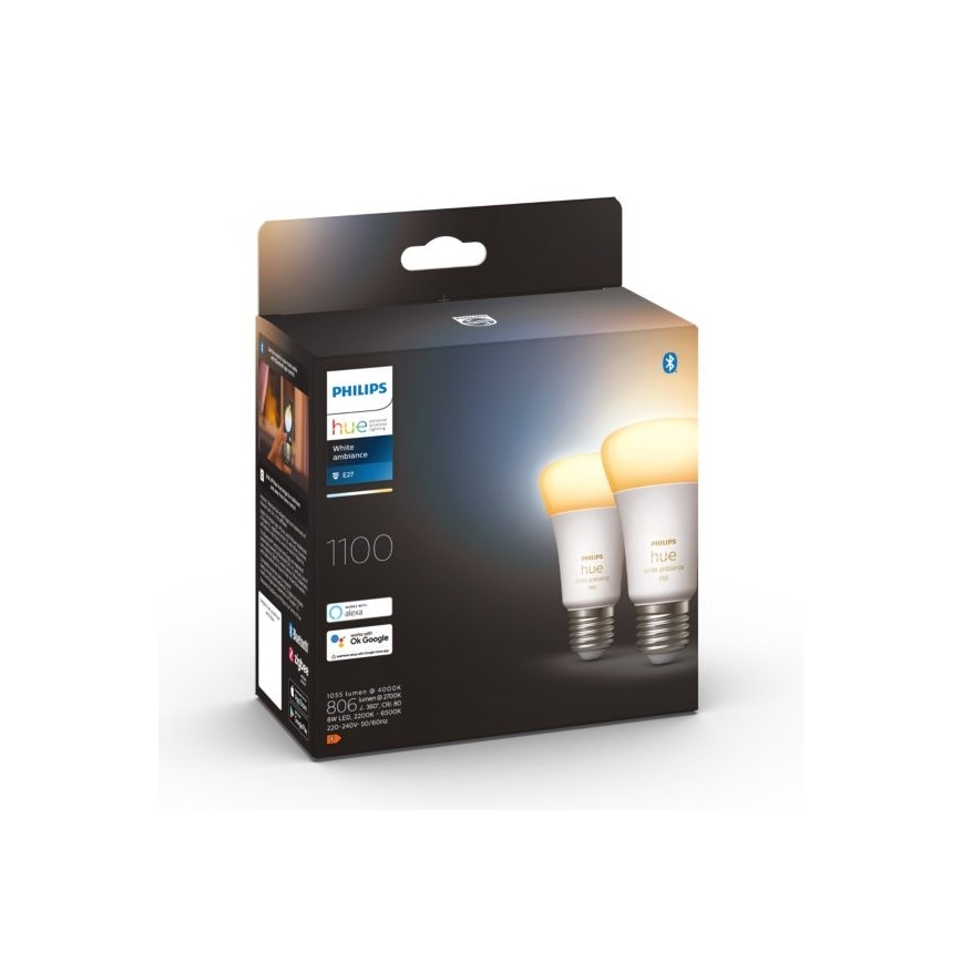 SET 2xLED Zatemnitvena žarnica Philips Hue WHITE AMBIANCE E27/8W/230V 2200-6500K