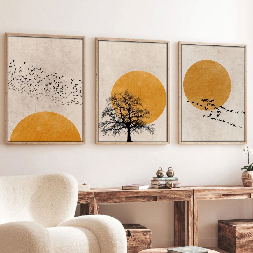 Set 3 kosov: slika v okvirju 50x70 cm, bežna/oranžna