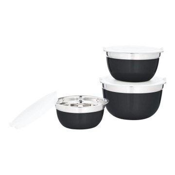 SET 3x Bowl s pokrovom črna/nerjaveče jeklo