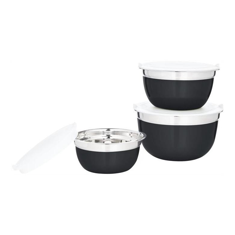 SET 3x Bowl s pokrovom črna/nerjaveče jeklo