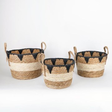 SET 3x Koš iz slame bež/črna 27x20/30x22/36x28 cm