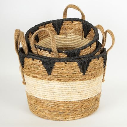 SET 3x Koš iz slame bež/črna 27x20/30x22/36x28 cm
