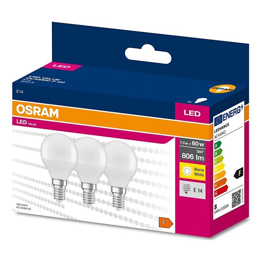 SET 3x LED Žarnica P45 E14/7,5W/230V 3000K - Osram