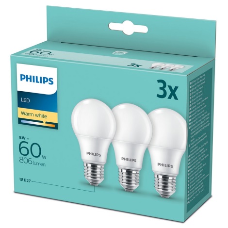 SET 3x LED Žarnica Philips A60 E27/8W/230V 2700K