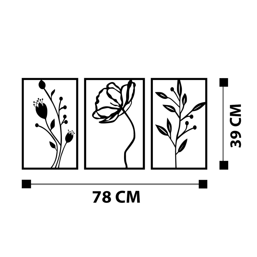 SET 3x Stenska dekoracija 78x39 cm cvetlice kovina