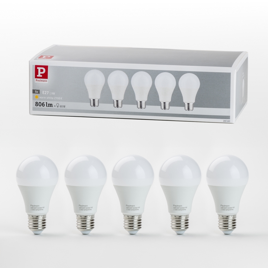 SET 5x LED Žarnica A60 E27/9W/230V 2700K - Paulmann 28780