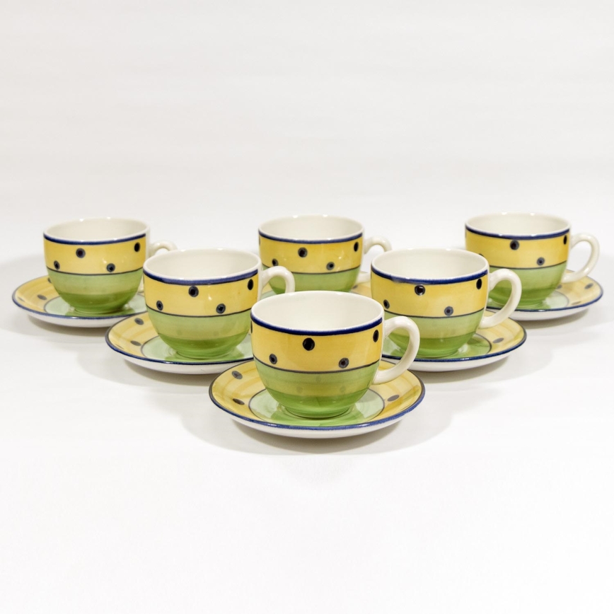 Set 6x Keramične skodelice s krožničkom zelena rumena