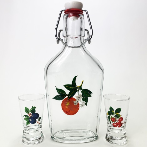 Set vector - 1x velika steklenica + 2x Majhni kozarci prozorni z motivom sadja