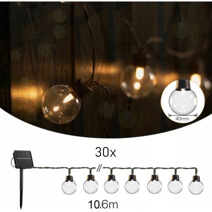 Solarni LED dekorativni niz 30xLED/8 načinov 500 mAh 10,6 m IP67 topla bela