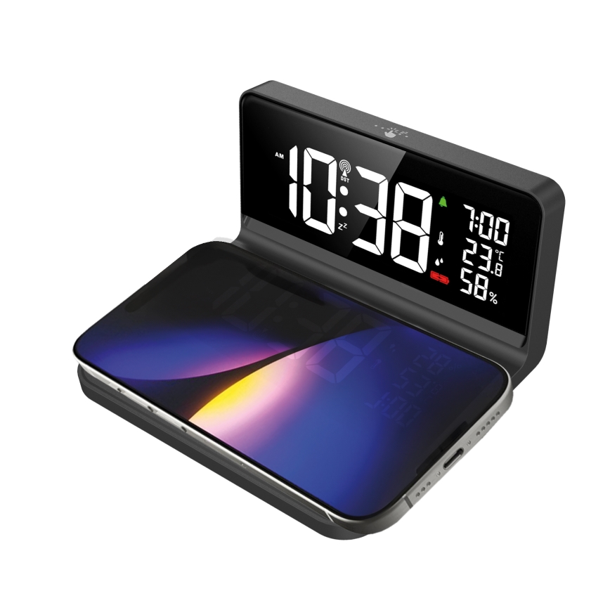 LED Budilka z LCD zaslonom in brezžično polnjenje Qi LED/10W/230V