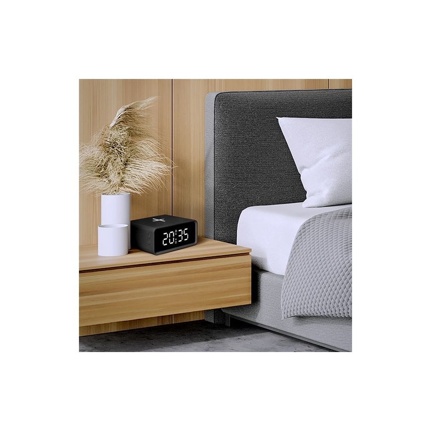 Digitalna ura z brezžičnim polnilcem Qi 230V/CR2032 črna