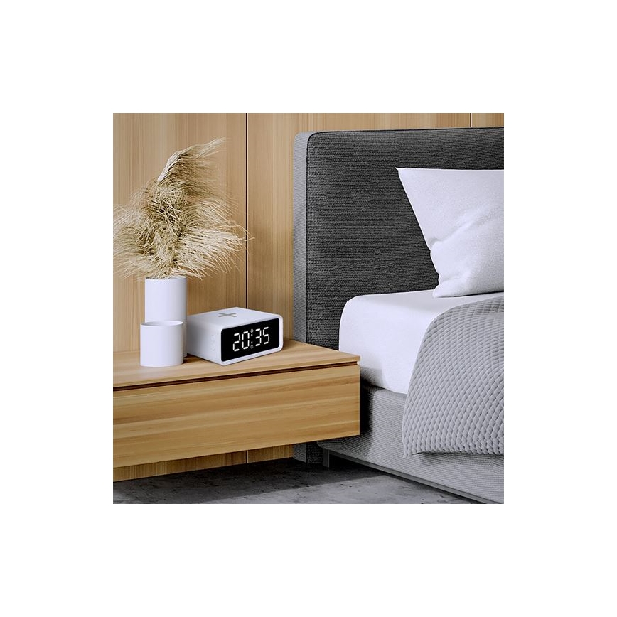 Digitalna ura z Qi brezžičnim polnilcem 230V/CR2032 bela