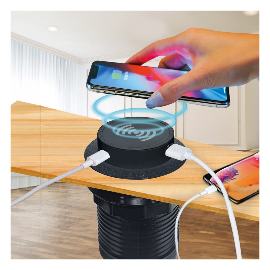 Vgradni brezžični polnilec + USB A+C črna