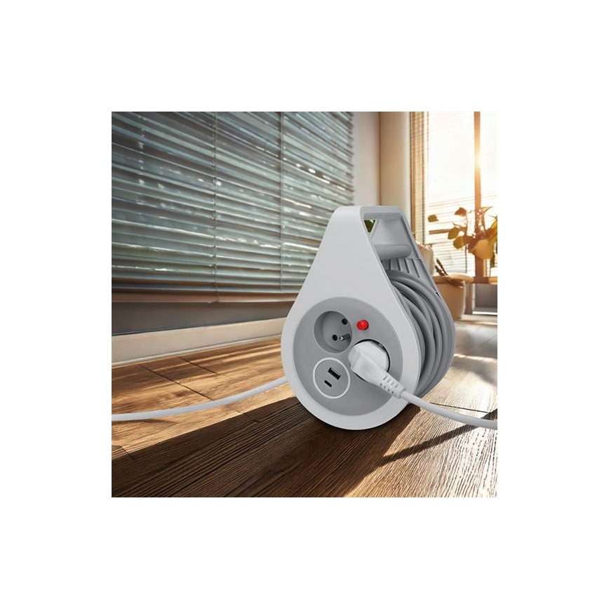 Podaljševalni kabel na kolutu, 2 vtičnika + USB-A in USB-C, 10 m