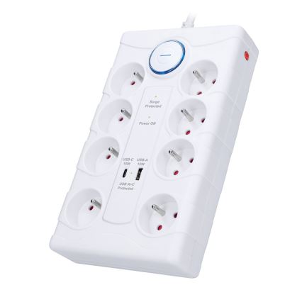 Podaljšni kabel s stikalom, 8 vtičnic, Tip E + 1x USB-A + 1x USB-C, 2 m, bela