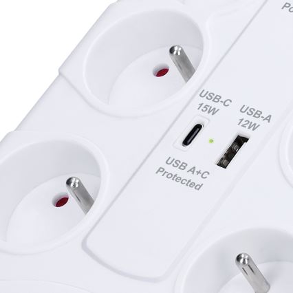 Podaljšni kabel s stikalom, 8 vtičnic, Tip E + 1x USB-A + 1x USB-C, 2 m, bela