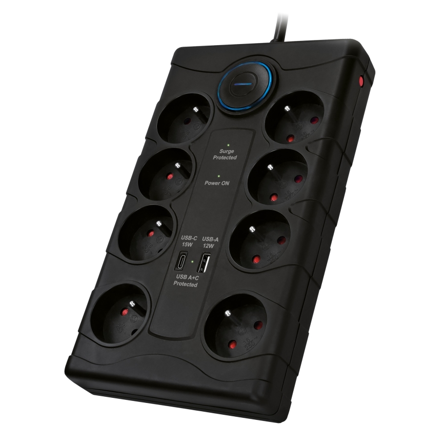 Podaljšni kabel z vklopnim stikalom, 8 vtičnic, tip E + 1xUSB-A + 1xUSB-C, 2m, črna