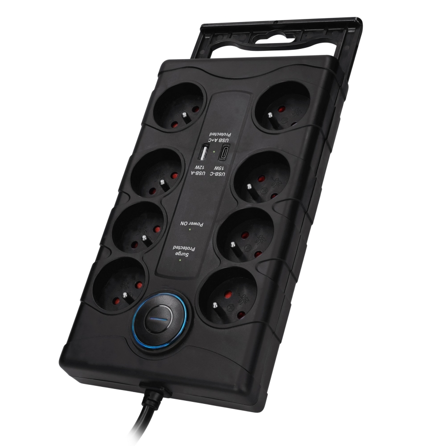 Podaljšni kabel s stikalom in prenapetostno zaščito 8 vtičnic tip E + 1xUSB-A + 1xUSB-C 2m črn