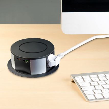 Vtičnica za namizno ploščo z brezžičnim polnjenjem Qi 3x230V + 1xUSB-A + 1xUSB-C črna/srebrna