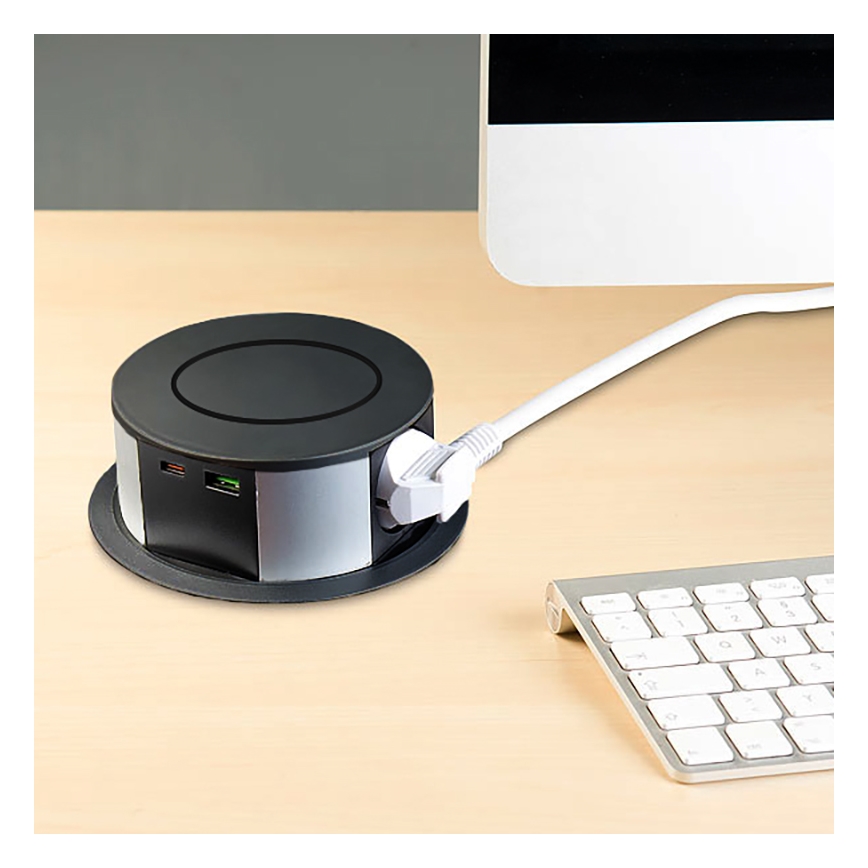 Vtičnica za namizno ploščo z brezžičnim polnjenjem Qi 3x230V + 1xUSB-A + 1xUSB-C črna/srebrna