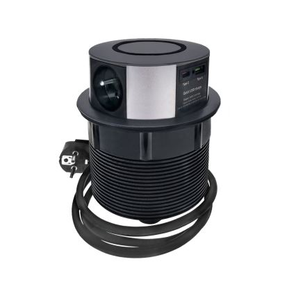 Vtičnica za namizno ploščo z brezžičnim polnjenjem Qi 3x230V + 1xUSB-A + 1xUSB-C črna/srebrna