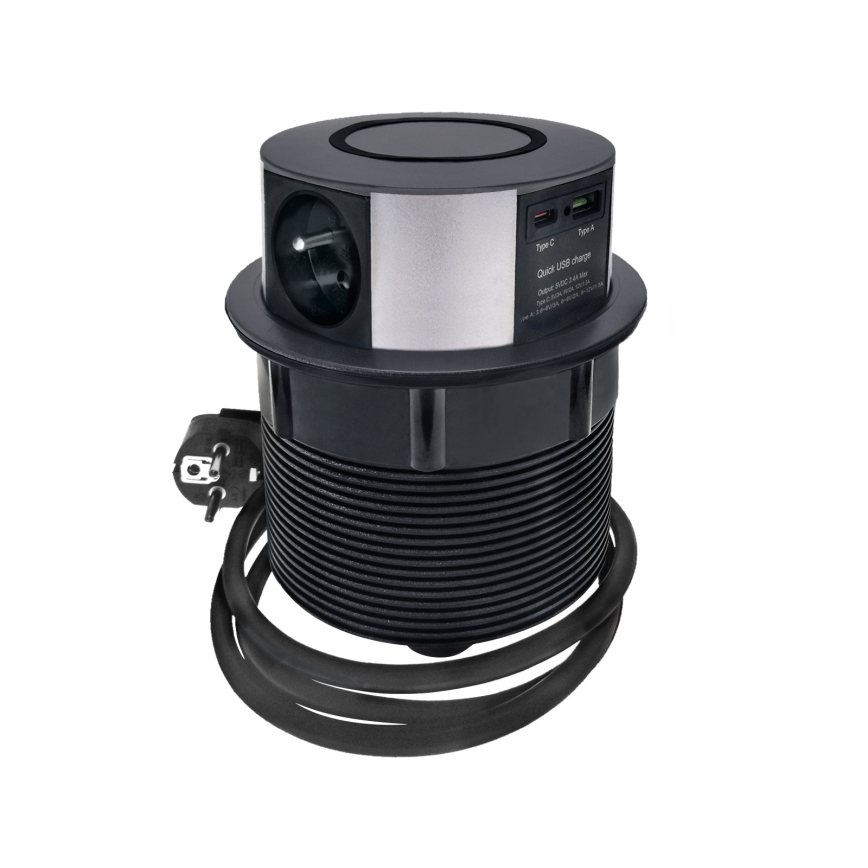 Vtičnica za namizno ploščo z brezžičnim polnjenjem Qi 3x230V + 1xUSB-A + 1xUSB-C črna/srebrna